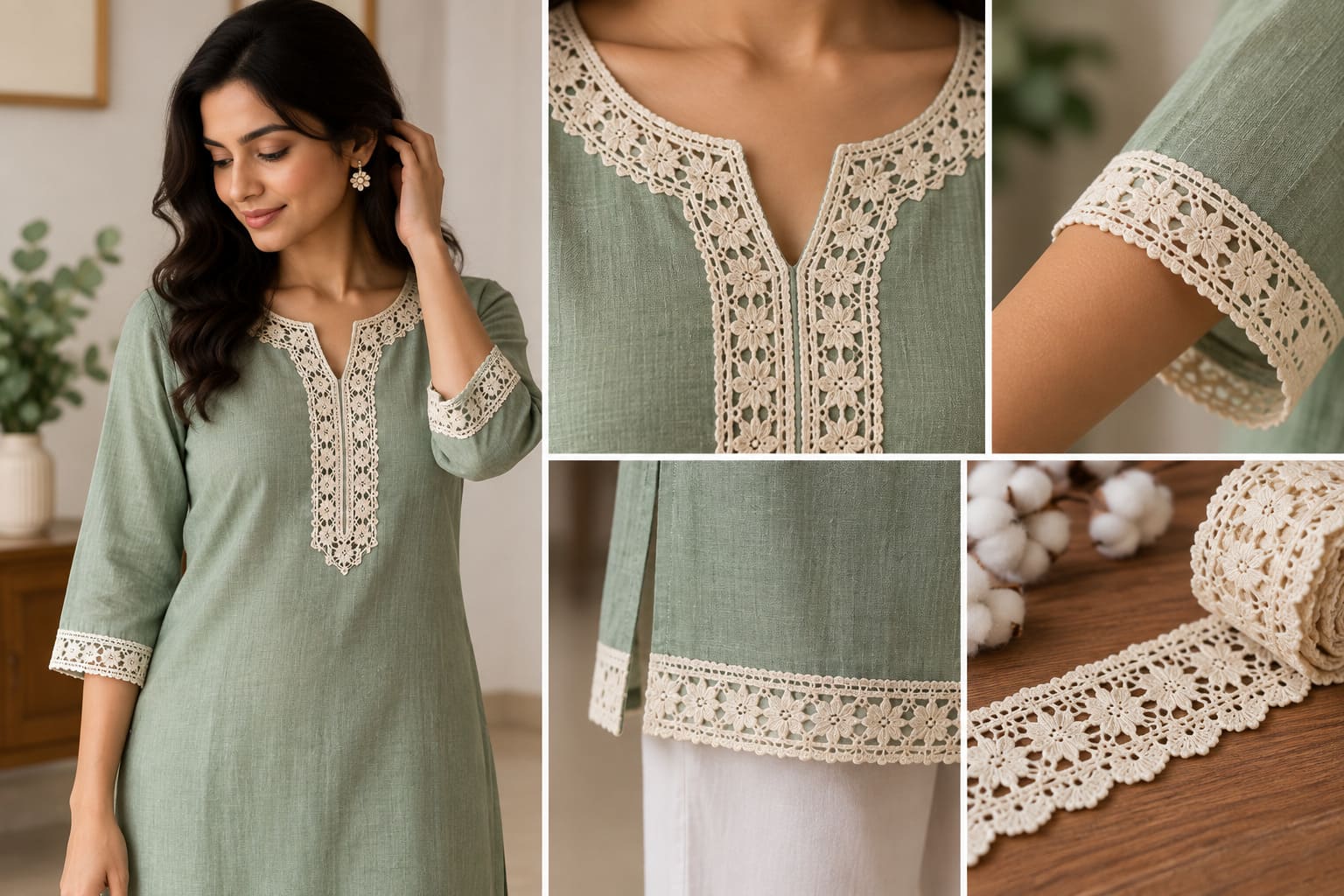 Woman wearing a sage green kurta with cream lace trim on the neckline, cuffs and hem